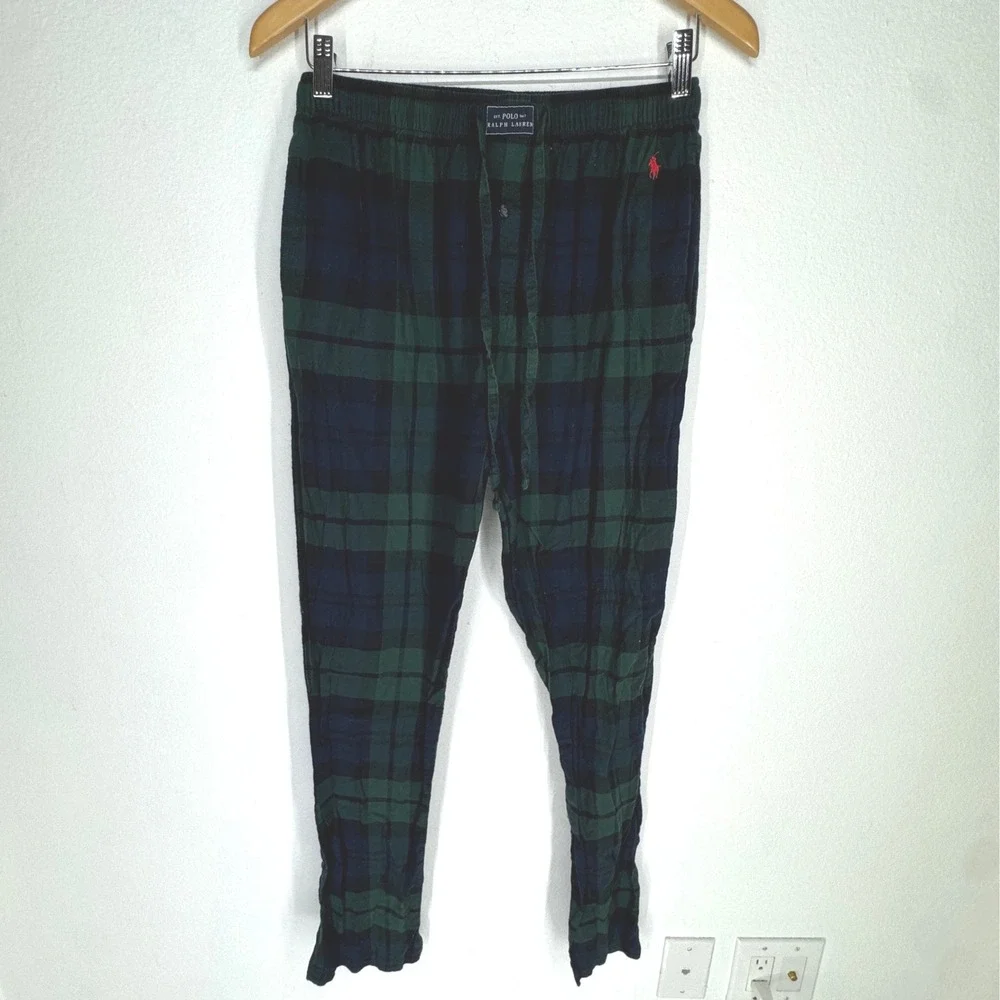 Polo Ralph Lauren Men Black Watch Plaid Pajama Pants Green Blue Medium Pony Logo